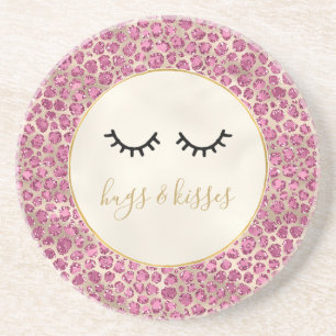 Girly Black Eyelashes Gold Pink Leopard Print Coaster