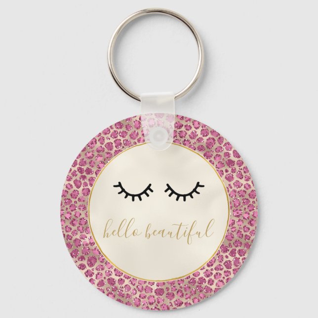 Girly Black Eyelashes Gold Pink Leopard Print Keychain (Front)