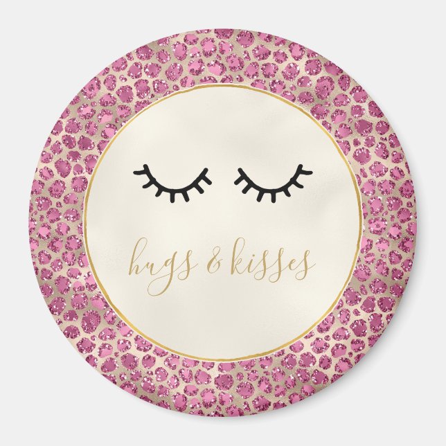 Girly Black Eyelashes Gold Pink Leopard Print Magnet (Front)