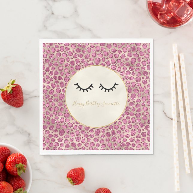Girly Black Eyelashes Gold Pink Leopard Print Napkin (Insitu)