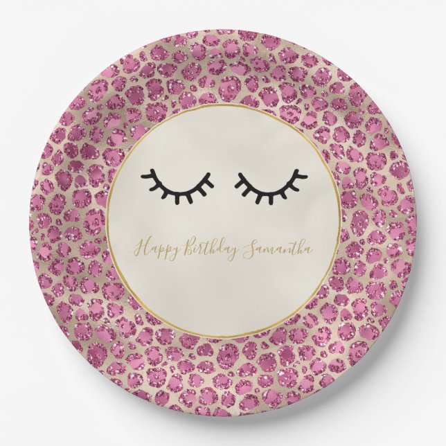 Girly Black Eyelashes Gold Pink Leopard Print Paper Plate (Front)