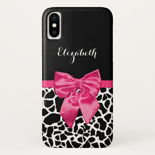 Girly Black Giraffe Animal Print Cute Hot Pink Bow Case-Mate iPhone Case (Back)