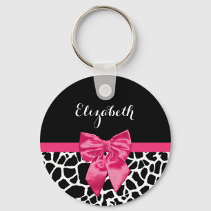 Girly Black Giraffe Animal Print Cute Hot Pink Bow Keychain