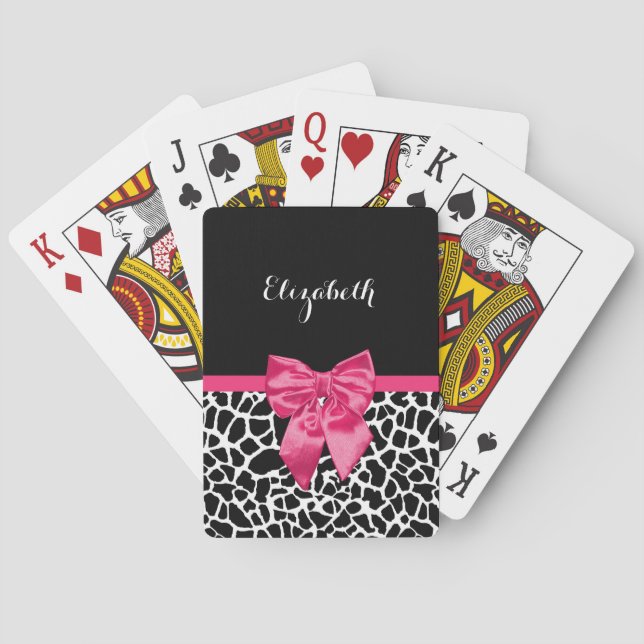 Girly Black Giraffe Animal Print Cute Hot Pink Bow Playing Cards (Back)
