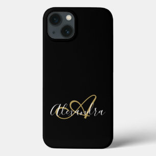 Girly Black Gold Elegant Monogram Script iPhone 13 Case