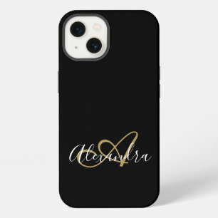 Girly Black Gold Elegant Monogram Script iPhone 13 Case