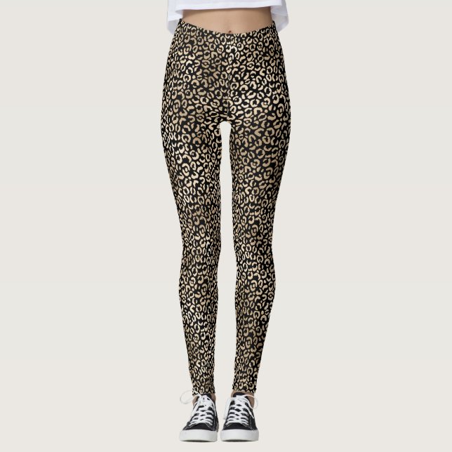 Girly Black Gold Glam Leopard Print Leggings (Front)