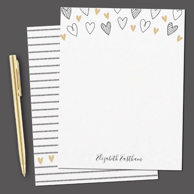 Girly Black Gold Heart Feminine Script Card (Elegant black and gold note card stationery with hearts and stripes. Personalize it with your name.)