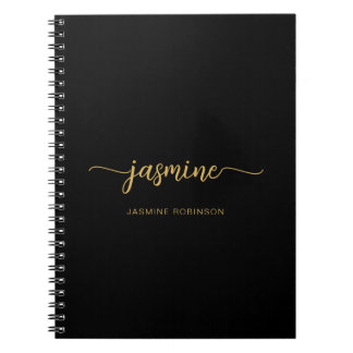 Girly Black Gold Modern Script Monogram Name Notebook