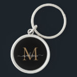Girly Black Gold Monogram Name Elegant Chic Script Keychain<br><div class="desc">Simple Girly Black Gold Monogram Elegant Chic Modern Script Name Initial Keychain</div>