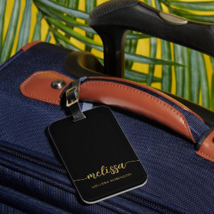 Girly Black Gold Monogram Name Signature Script Luggage Tag