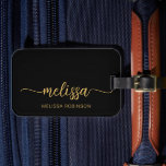 Girly Black Gold Monogram Name Signature Script Luggage Tag<br><div class="desc">Girly Feminine Minimalist Simple Clean Black and Gold Monogram Name Signature Script Custom Personalized Luggage Bag Tag. This design featuring your first name in a pretty hand lettered style swash tail calligraphy font signature (or typography) and full name in gold on black background. These are easy to customize it. Stylish...</div>