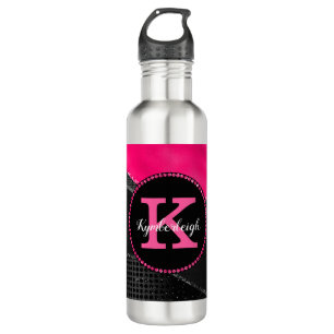 Girly Black Gray Hot Pink Waves Glam Monogram Name 710 Ml Water Bottle