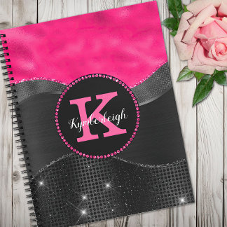 Girly Black Grey Hot Pink Waves Glam Monogram Name Notebook