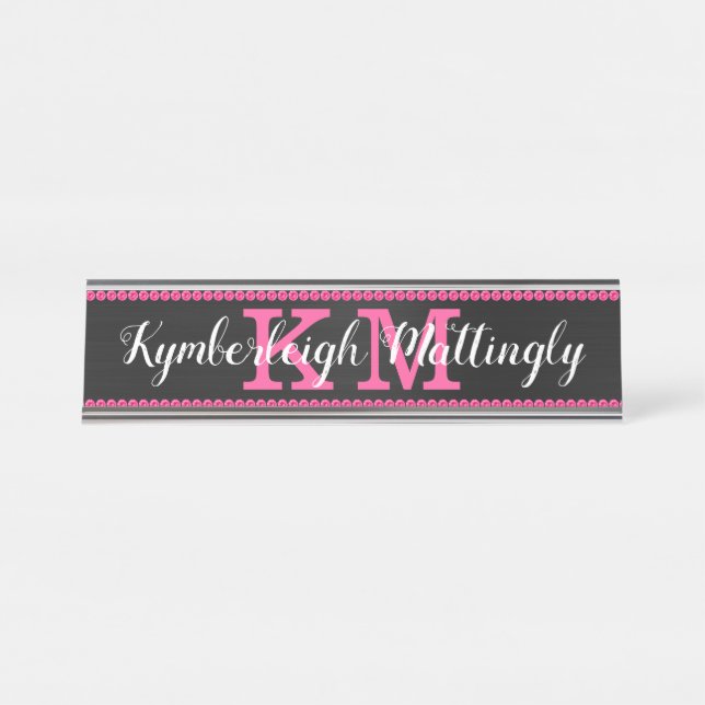Girly Black Hot Pink Diamonds Glam Monogram Name Desk Name Plate (Front)