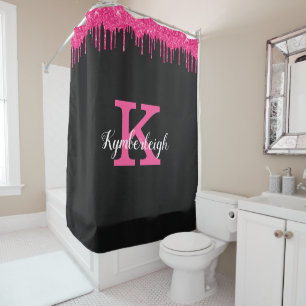 Girly Black Hot Pink Glitter Drips Monogram Name