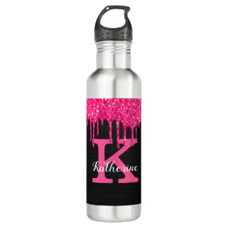 Girly Black Hot Pink Glitter Drips Monogram Name 710 Ml Water Bottle