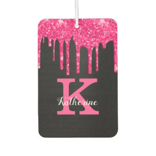 Girly Black Hot Pink Glitter Drips Monogram Name Air Freshener