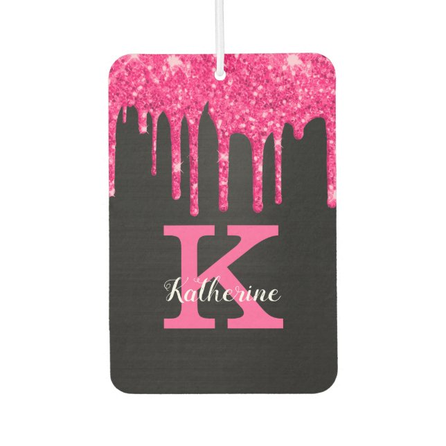 Girly Black Hot Pink Glitter Drips Monogram Name Air Freshener (Front)