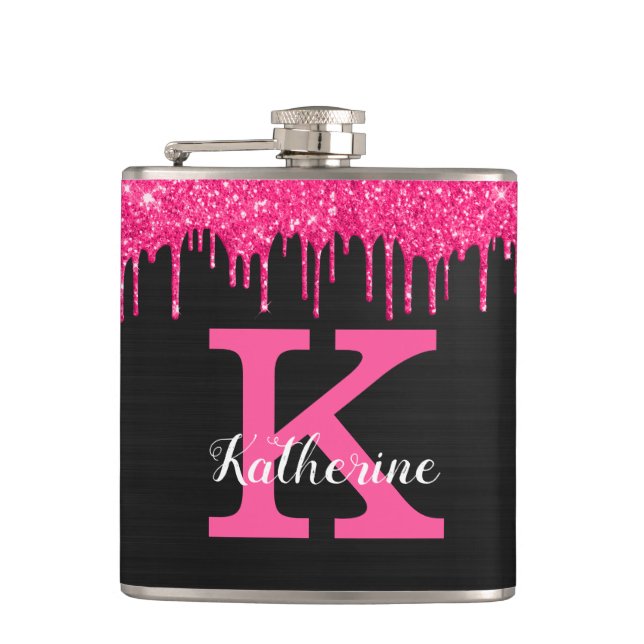 Girly Black Hot Pink Glitter Drips Monogram Name Hip Flask (Front)