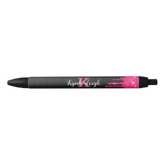 Girly Black Hot Pink Glitter Drips Monogram Name Ink Pen