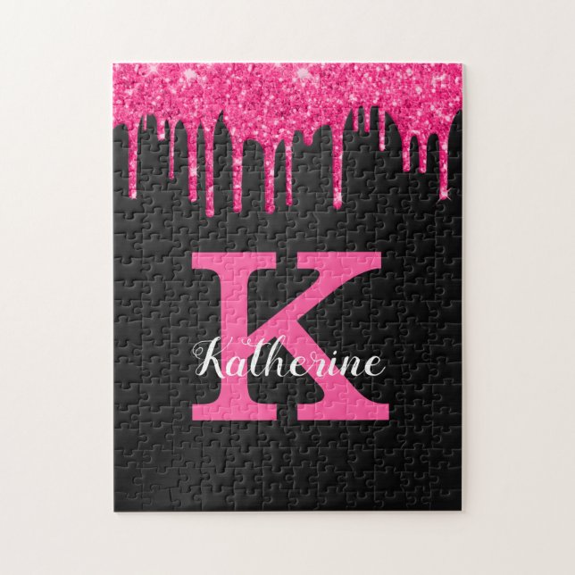 Girly Black Hot Pink Glitter Drips Monogram Name Jigsaw Puzzle (Vertical)