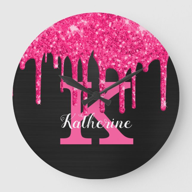 Girly Black Hot Pink Glitter Drips Monogram Name Large Clock (Front)