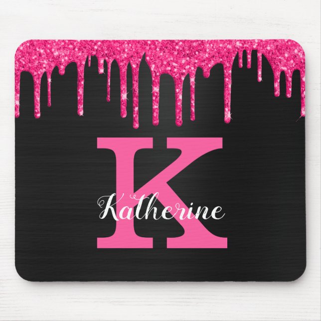 Girly Black Hot Pink Glitter Drips Monogram Name Mouse Pad (Front)