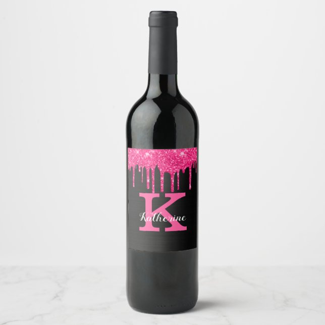 Girly Black Hot Pink Glitter Drips Monogram Name Wine Label (Front)