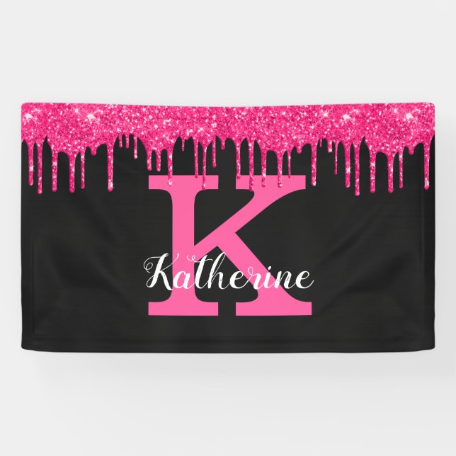 Girly Black Hot Pink Glitter Drips Monogram Party Banner (Horizontal)