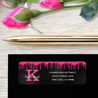 Girly Black Hot Pink Glitter Drips Return Address