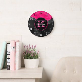 Girly Black Hot Pink Grey Waves Glam Monogram Name Large Clock