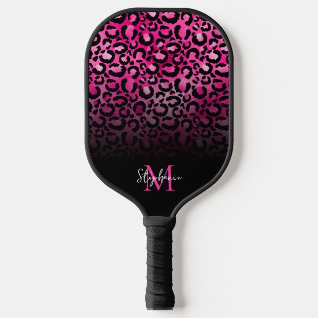 Girly Black Hot Pink Leopard Ombre Monogram Pickleball Paddle (Front)