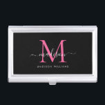 Girly Black Hot Pink Magenta Monogram Script Name Business Card Holder<br><div class="desc">Elegant Black Hot Pink Magenta Monogram Girly Script Name Business Card Case</div>