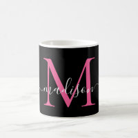 Girly Black Hot Pink Monogram Elegant Script