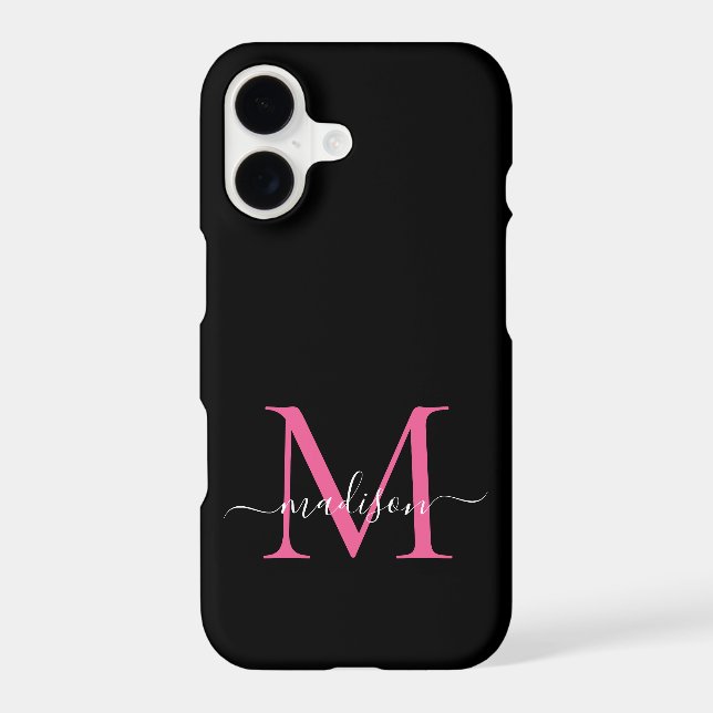 Girly Black Hot Pink Monogram Feminine Script Name iPhone Case (Back)