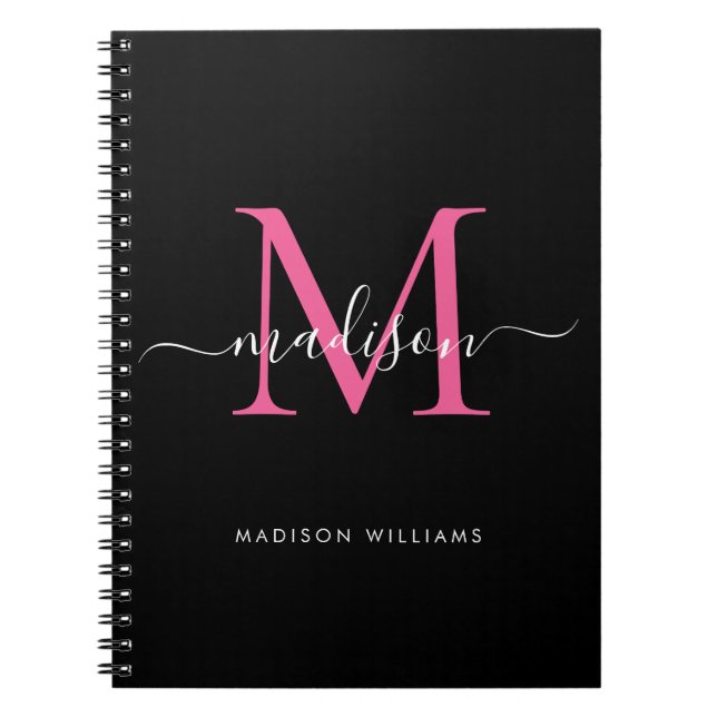 Girly Black Hot Pink Monogram Script Name Initial Notebook (Front)