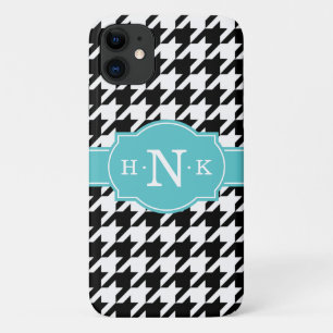 Girly Black Houndstooth Blue Monogram iPhone 11 Case