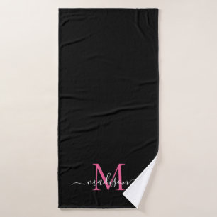 Girly Black Magenta Hot Pink Monogram Script Name Bath Towel