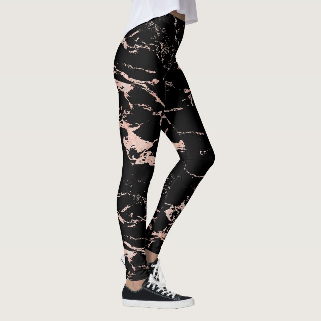 Girly Black Marble Rose Gold Foil Leggings (Right)