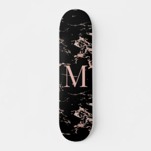 Girly Black Marble Rose Gold Foil Monogram Skateboard