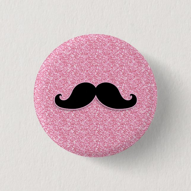 GIRLY BLACK MUSTACHE PINK GLITTER PRINTED 1 INCH ROUND BUTTON (Front)