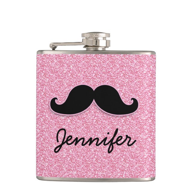 GIRLY BLACK MUSTACHE PINK GLITTER PRINTED HIP FLASK (Front)