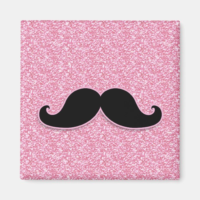GIRLY BLACK MUSTACHE PINK GLITTER PRINTED MAGNET (Front)