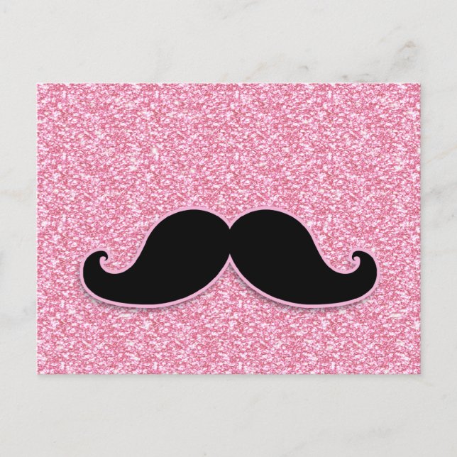 GIRLY BLACK MUSTACHE PINK GLITTER PRINTED POSTCARD (Front)