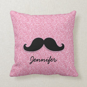 GIRLY BLACK MUSTACHE PINK GLITTER PRINTED THROW PILLOW