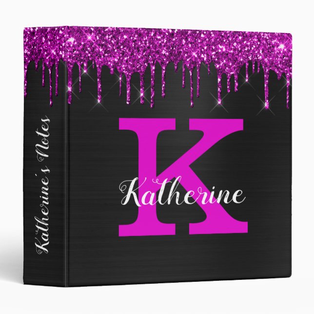 Girly Black Neon Plum Glitter Drips Monogram Name  Binder (Front/Spine)