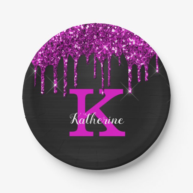 Girly Black Neon Plum Glitter Drips Monogram Name Paper Plate (Front)
