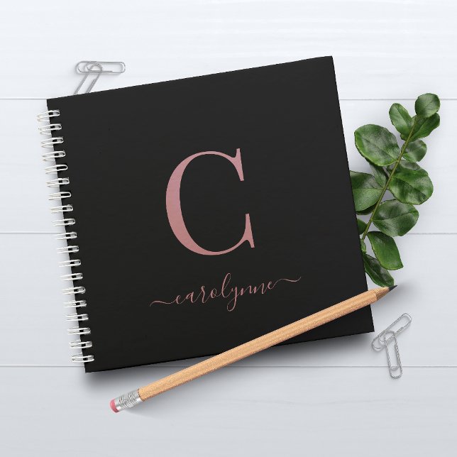 Girly Black Pink Rose Gold Monogram Name Notebook (Creator Uploaded)