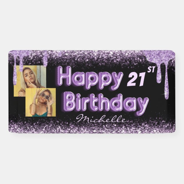Girly Black & Purple Glitter Any Birthday Banner (Horizontal)